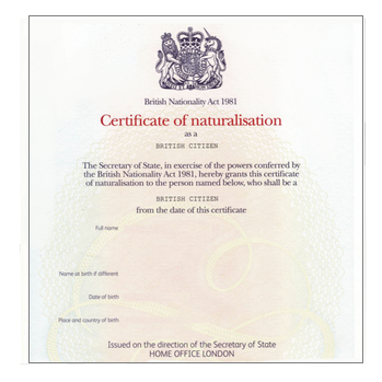 Certificate of Naturalisation sample