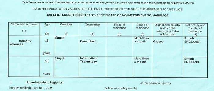 Sample picture of a certificate of no impediment