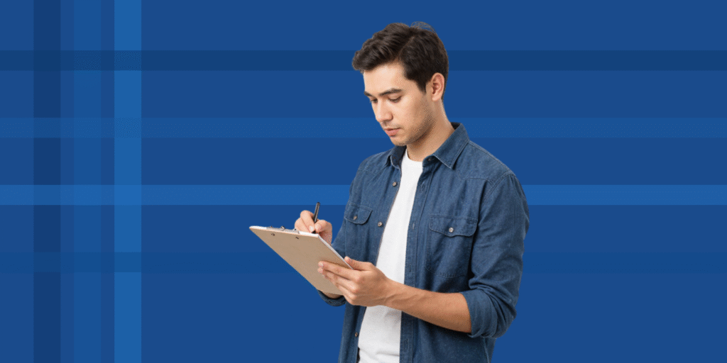 A 30-year-old man in business casual attire documenting or taking notes on a clipboard, set against a blue geometric background with horizontal stripes and vertical bars